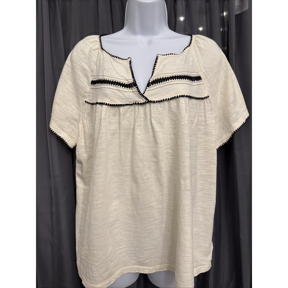 Lucky Brand Womens Peasant Top XL Cream Boho Contrast Trim Short Sleeve Blouse